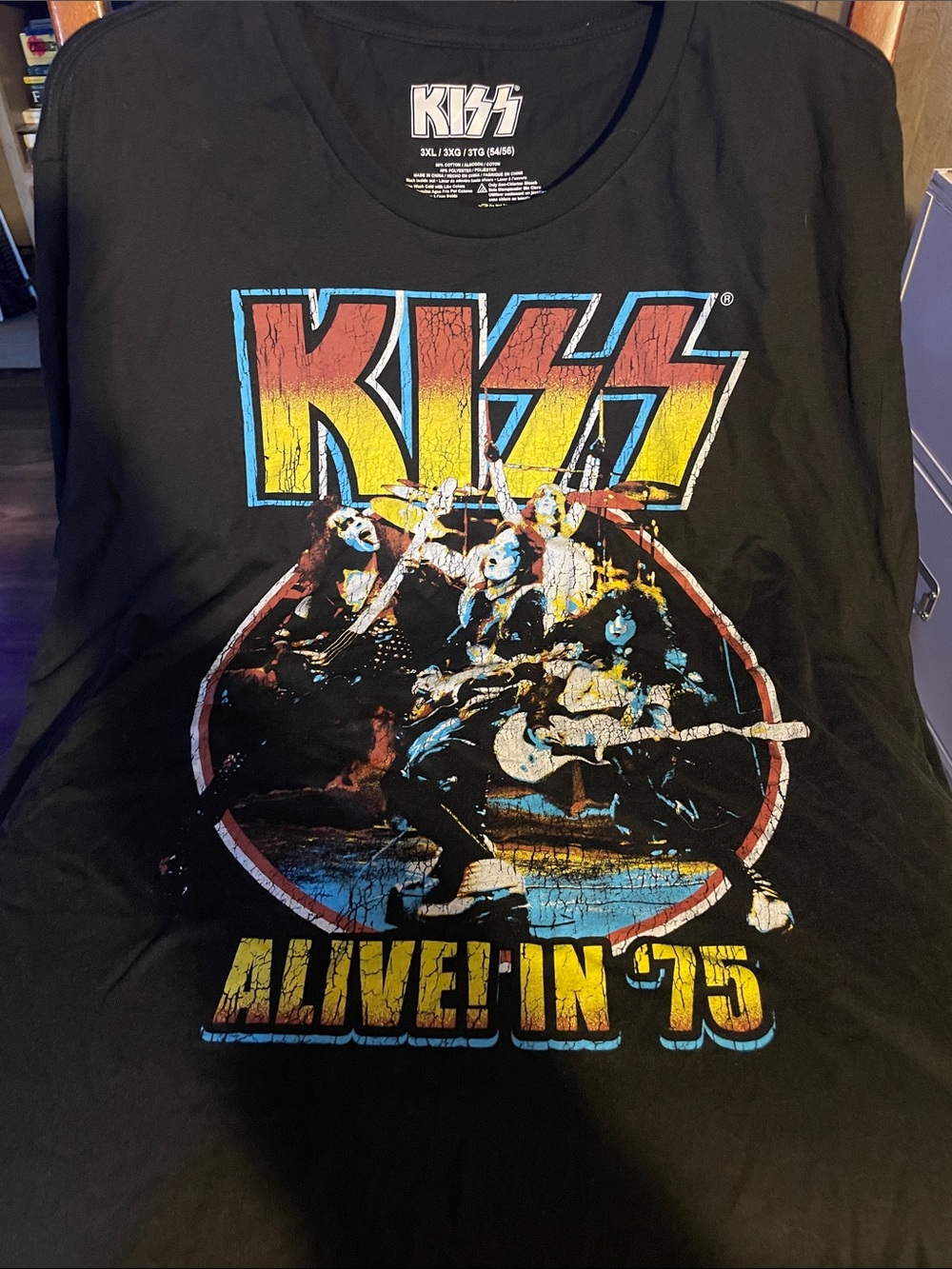 Kiss Black Graphic 'Alive in '75' Short Sleeve Tee with Yellow & Blue Logo
